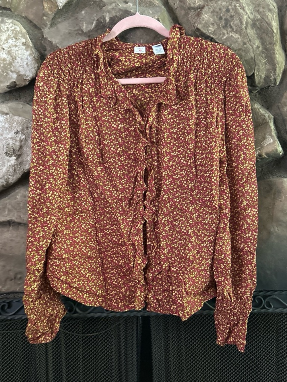 Women’s Ruffle-Front Floral Blouse - Burgundy & Yellow